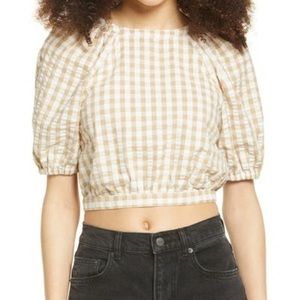 Gingham Balloon Sleeve Cotton Top In Ivory- Beige Gingham (XL)